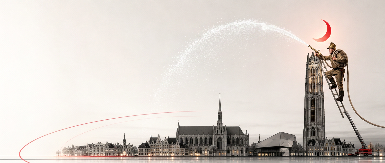 Skyline van Mechelen met de manenblusser aan de Sint-Romboutstoren